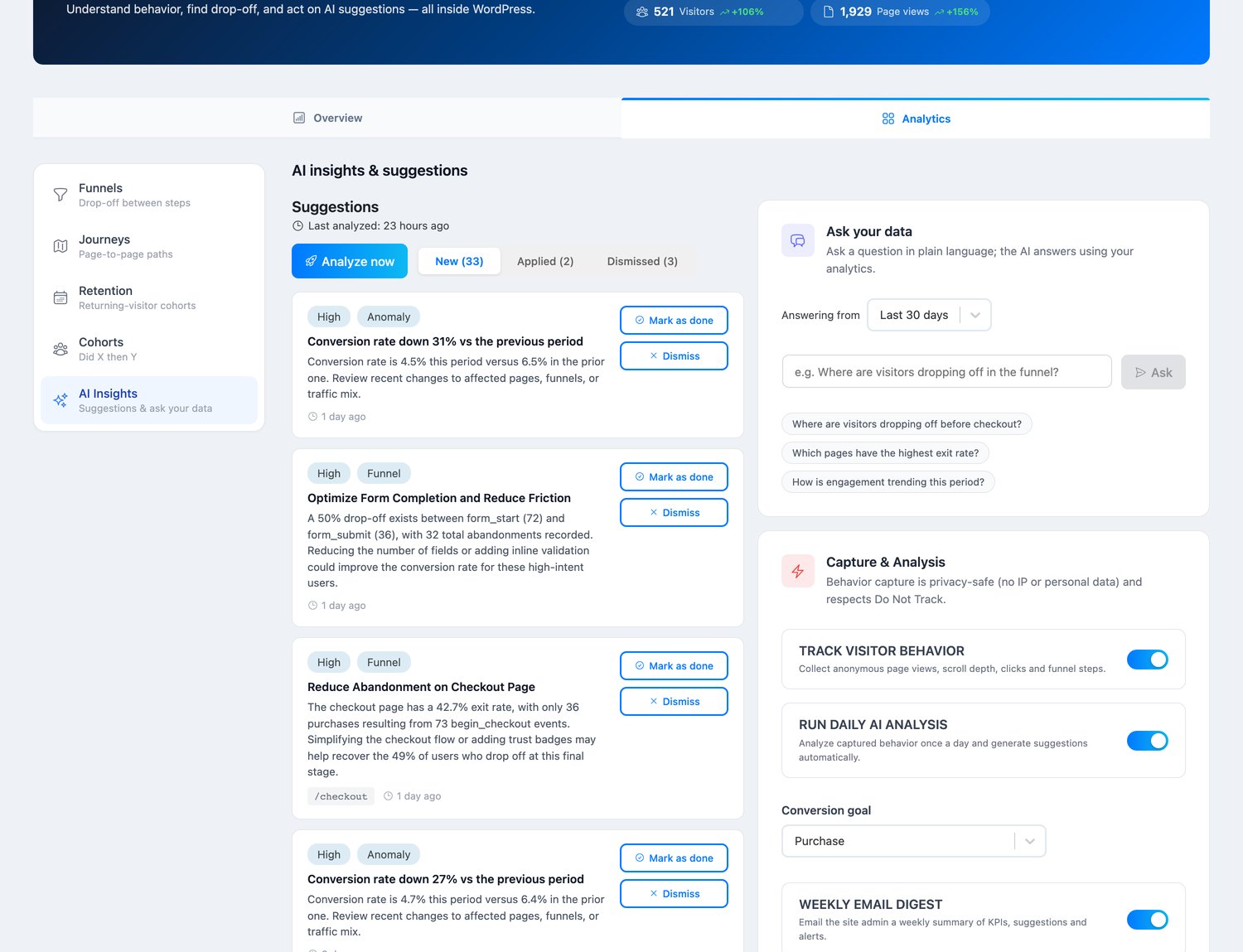 AI insights: prioritized suggestion cards with High/Anomaly/Funnel badges, an Ask-your-data panel, and privacy-safe capture settings