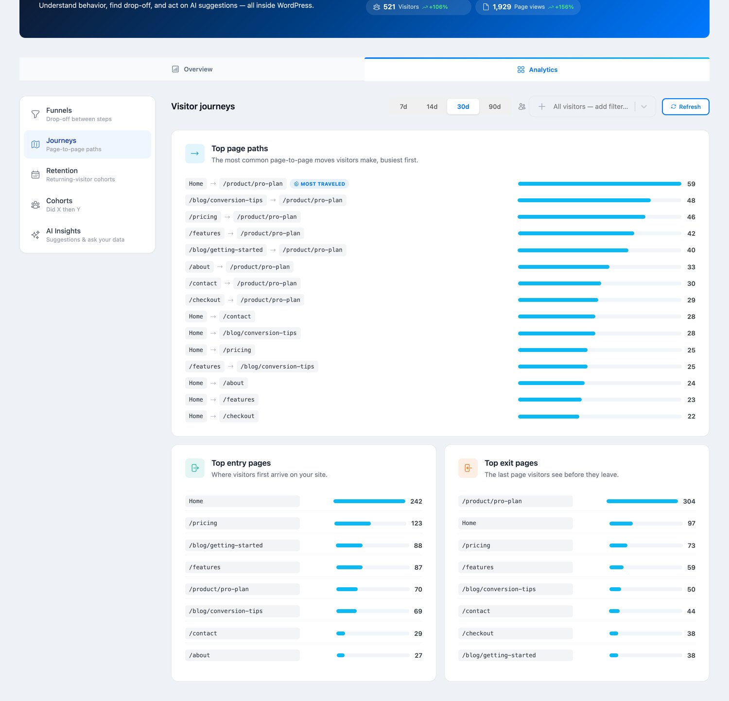 
Visitor journeys: top page-to-page paths with a most-traveled badge, plus top entry and exit pages