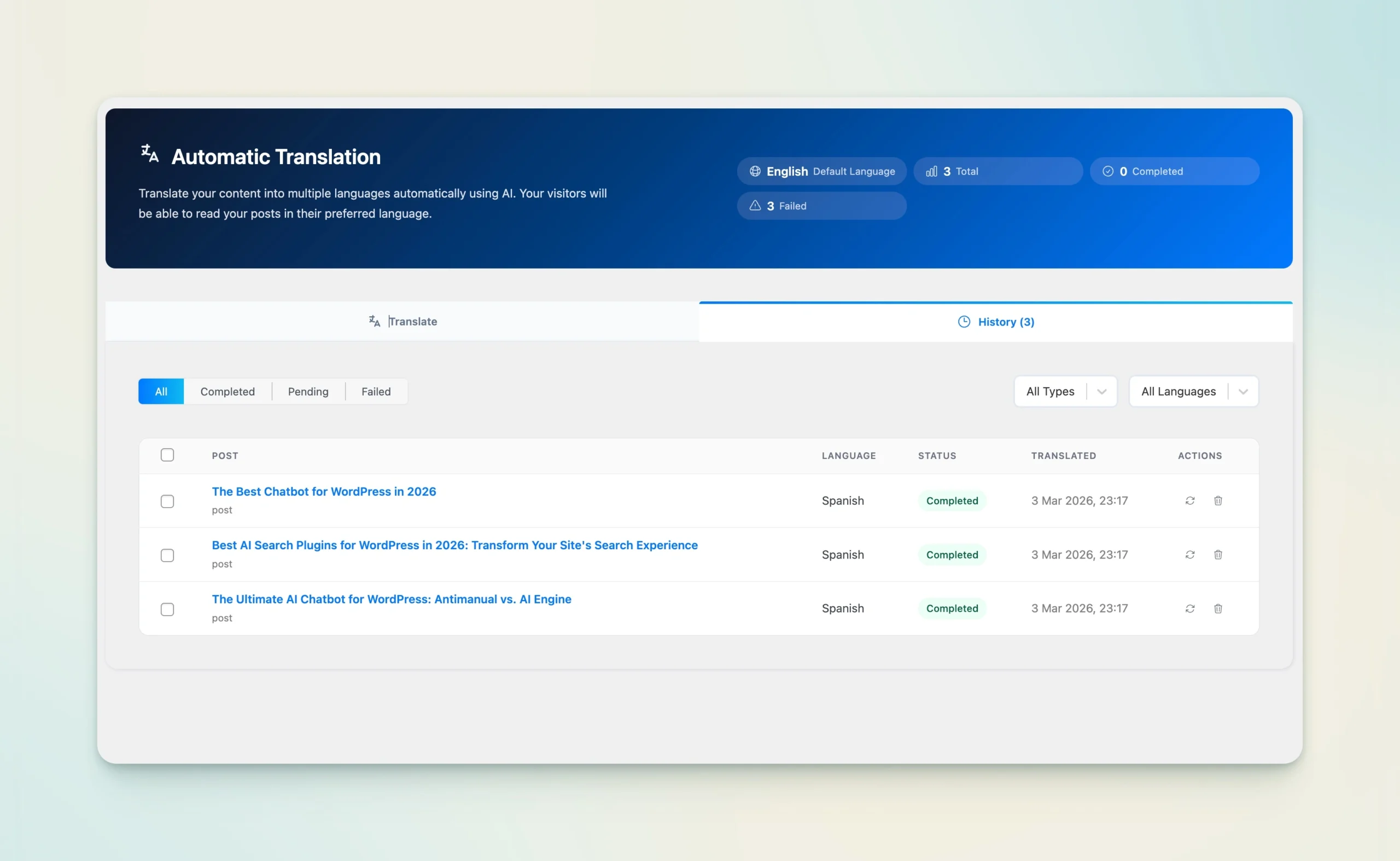 Antimanual translation history table filtered by status, post type and language with re-translate actions
