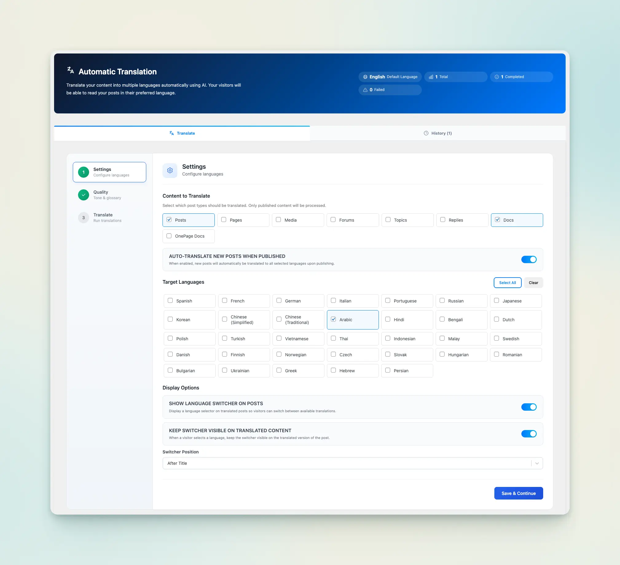 Antimanual WordPress AI translation plugin settings with content types, target languages and language switcher options