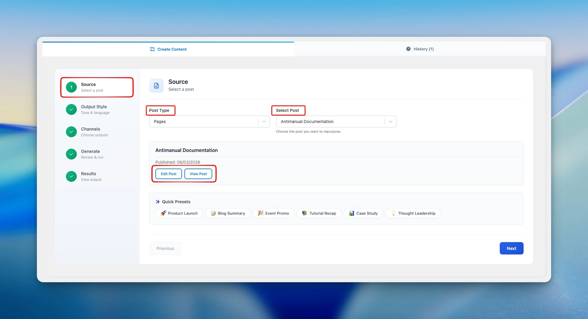 Repurpose blog content with AI in Antimanual Repurpose Studio by selecting a source post and quick preset