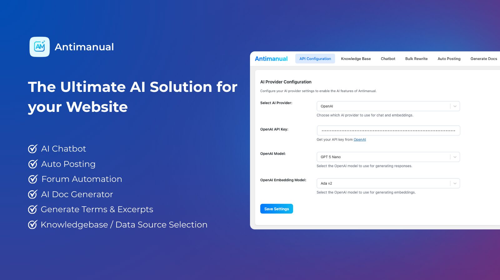 Antimanual AI plugin for WordPress product cover used for the WordPress AI translation plugin guide
